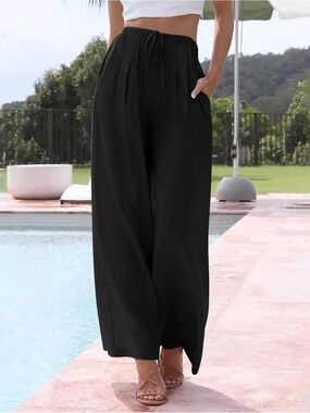 Linen Blend Black Beach Pants